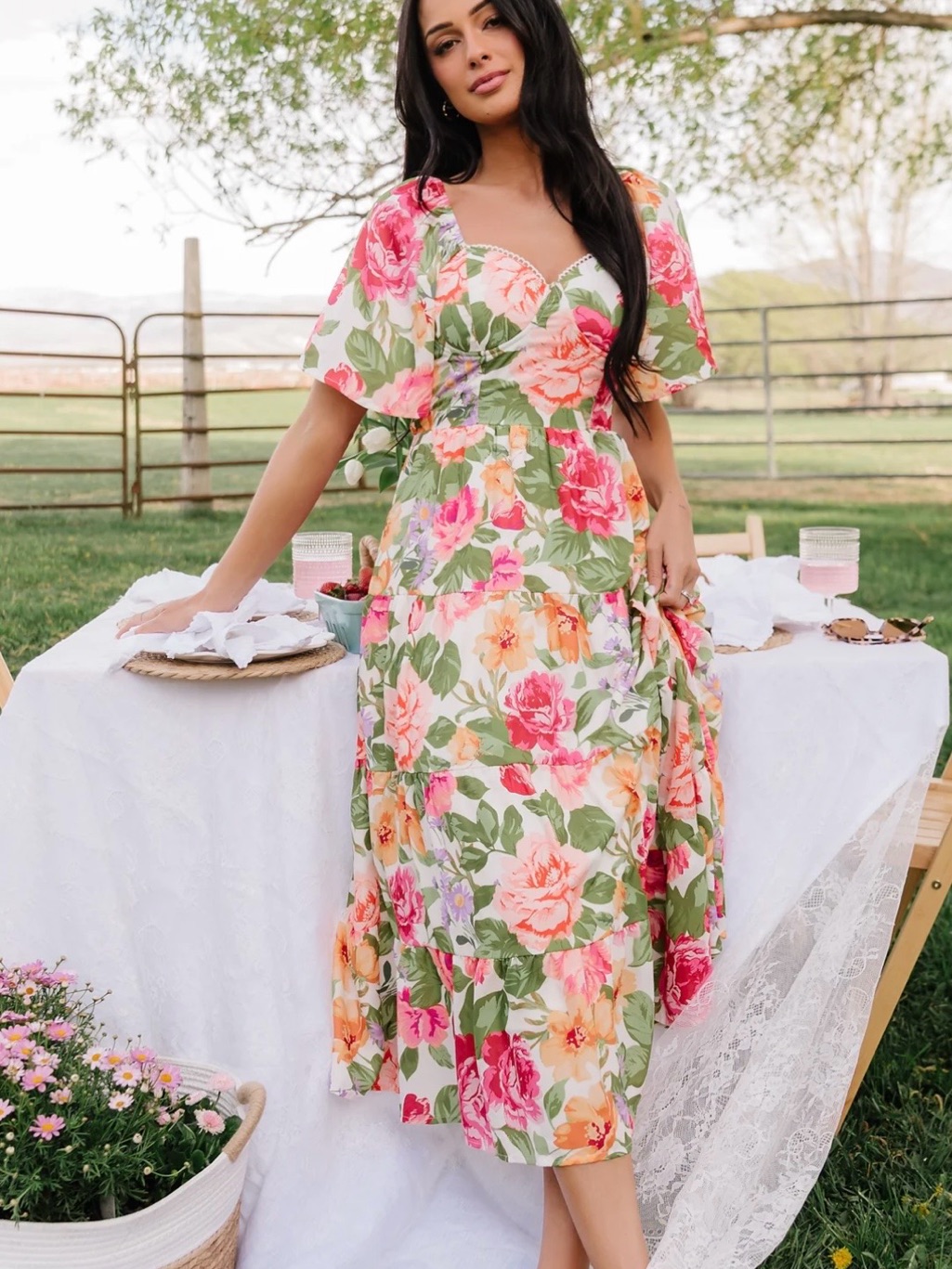 Baltic Born Paislee Midi Dress Floral Puff-Sleeve Dress